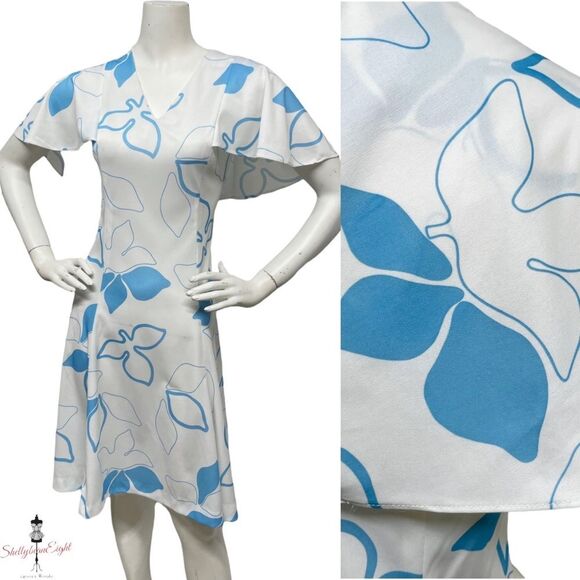 VINTAGE 60s 70s Eve Le Coq Fit & Flare Cape Sleeve Collar Dress 10 12 Stretch - Picture 2 of 11